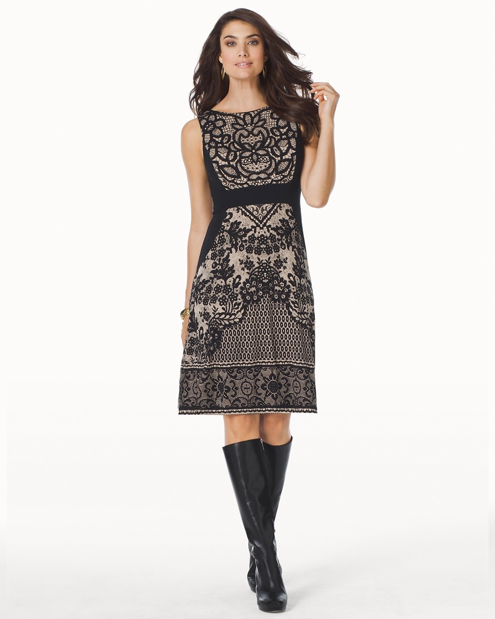 Sleeveless A-line Short Dress Crochet Lace Gold