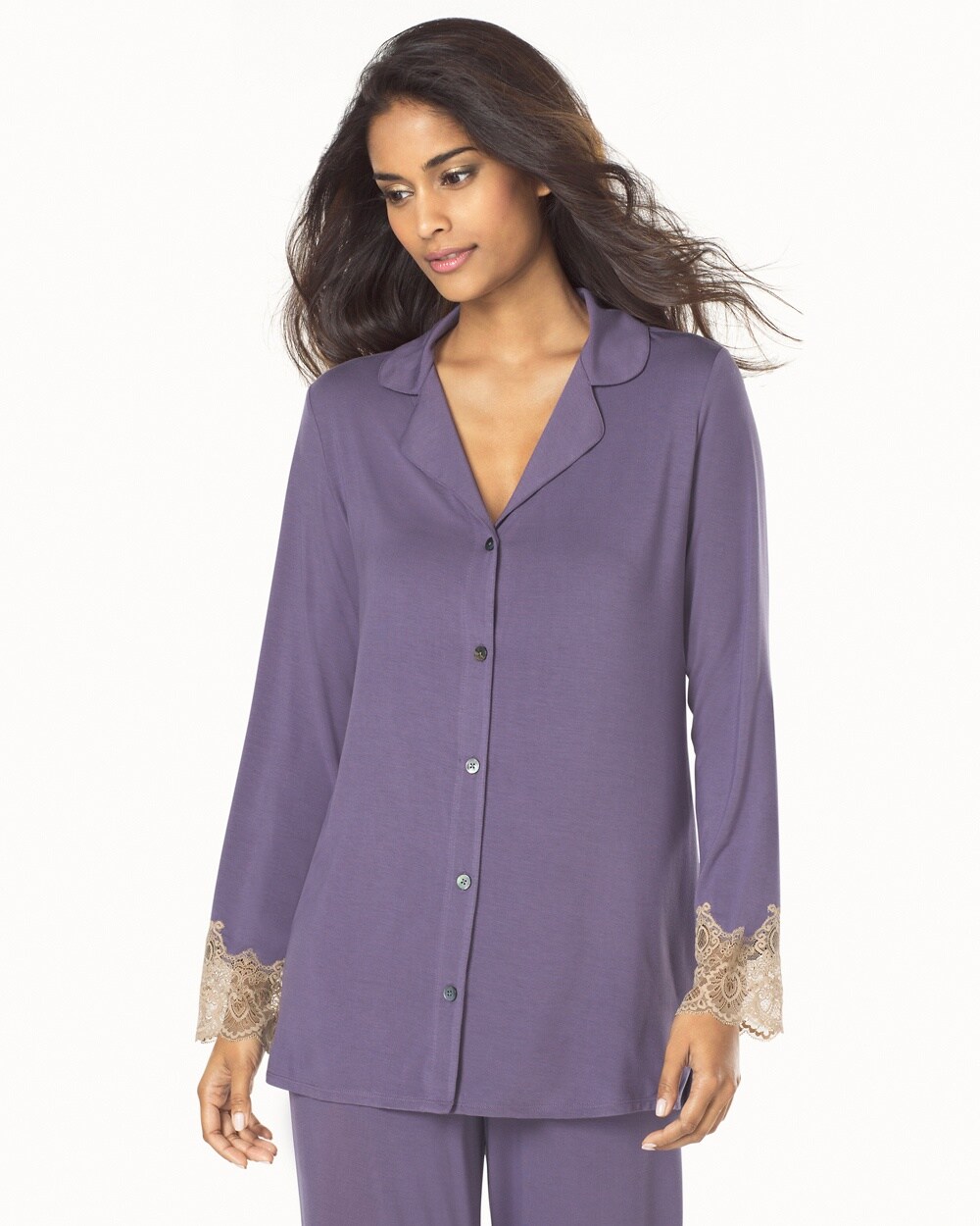Medallion Lace Cool Nights Long Seeve Pajama Top Grape With Soft Tan Lace