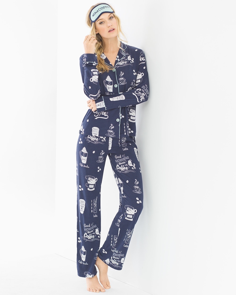 P.J. Salvage Playful Prints Long Sleeve Cotton Blend Pajama Set with Eye Mask Navy