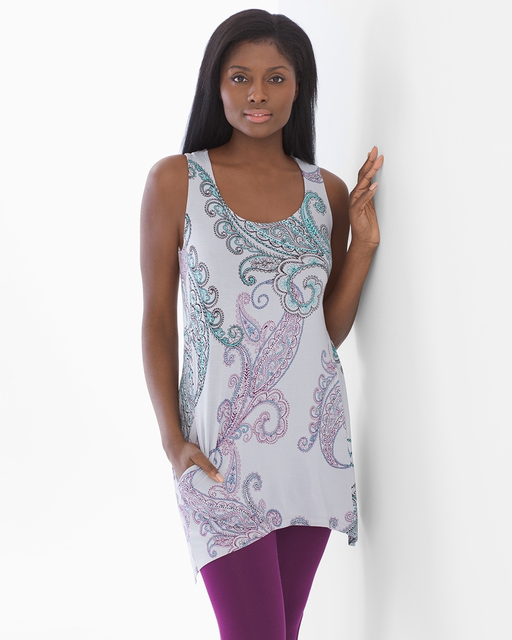Soft Jersey Strappy Racerback Sleeveless Tunic Poetic Paisley Cool Gray