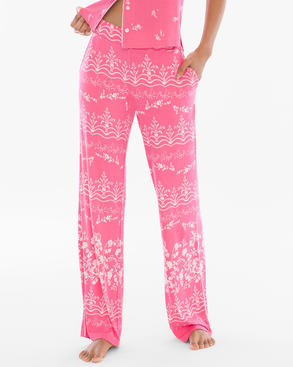 Cool Nights Contrast Piped Pajama Pants Chinoiserie Border French Rose