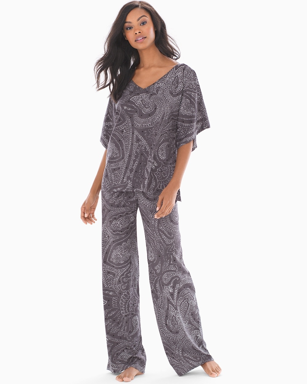 Crepe De Chine Short Sleeve Chiffon Pajama Set Paisley Foil Nine Iron