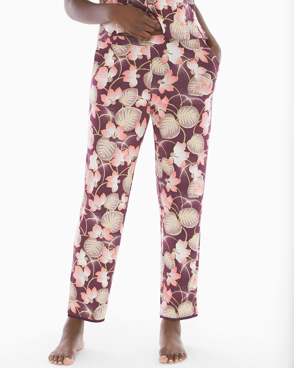Cool Nights Satin Trim Pajama Ankle Pant Charmed Floral Merlot