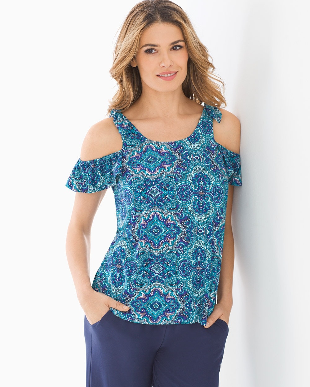 Bliss Knit Cold Shoulder Top Serene Tile Royal Blue