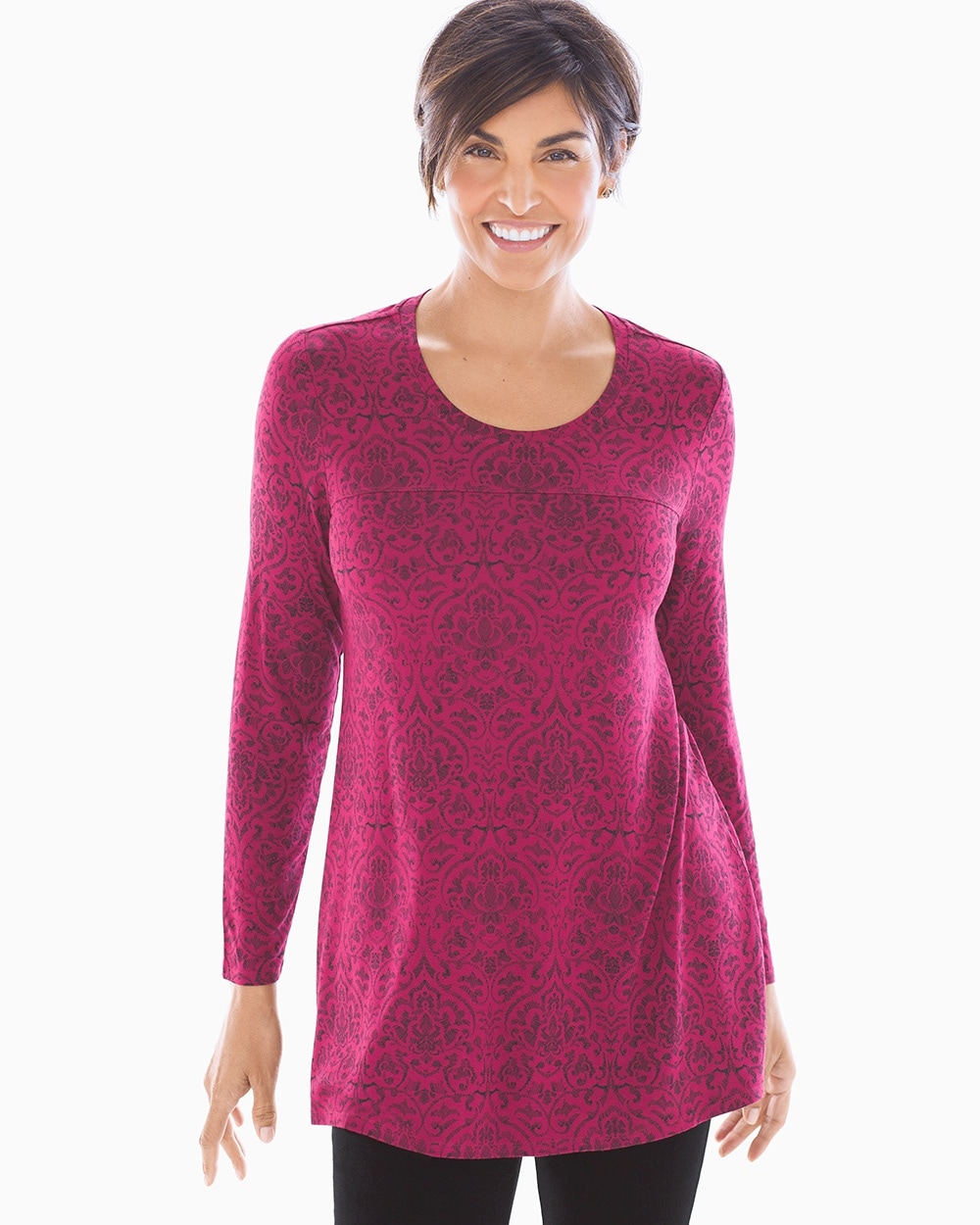 Soft Jersey Long Sleeve Yoke Tunic Fancy Damask Cranberry