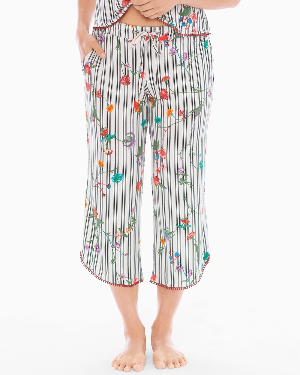 Cool Nights Tassel Crop Pajama Pants Flower Vine Ivory
