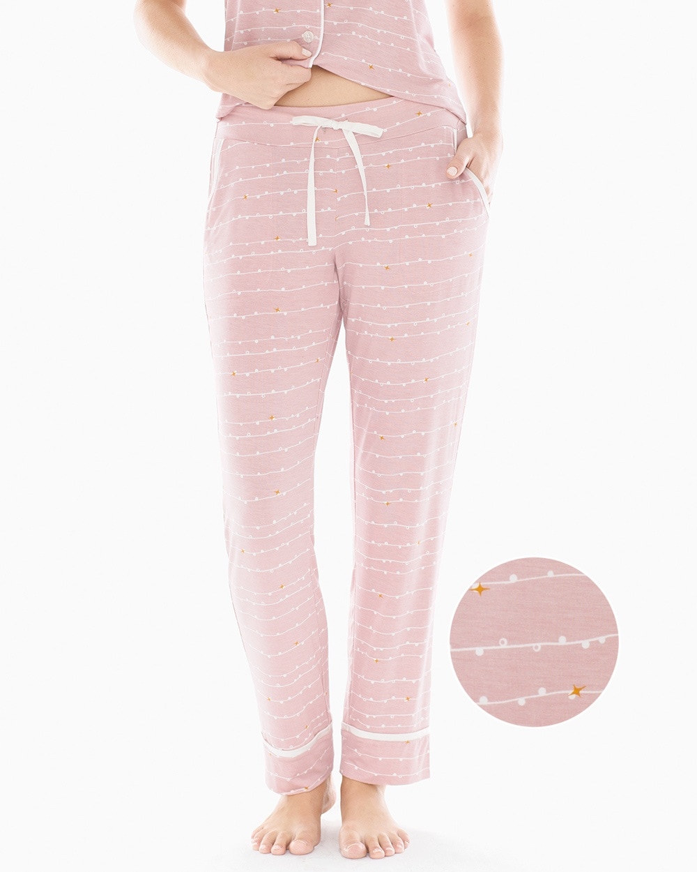 Cool Nights Satin Trim Ankle Pajama Pants Garland Stripe Pink