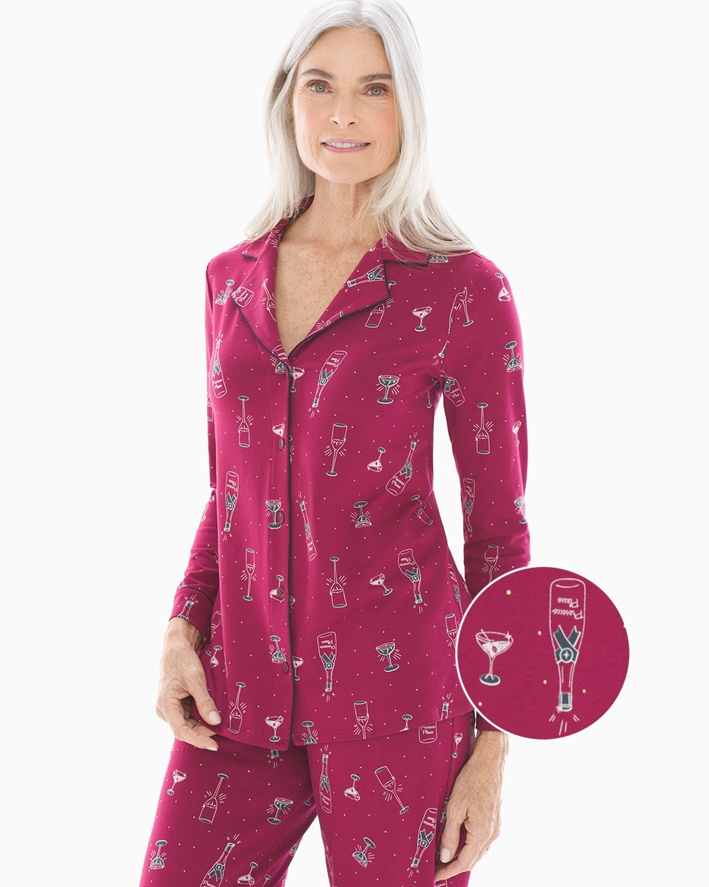 Embraceable Long Sleeve Notch Collar Pajama Top Prosecco Please Cranberry