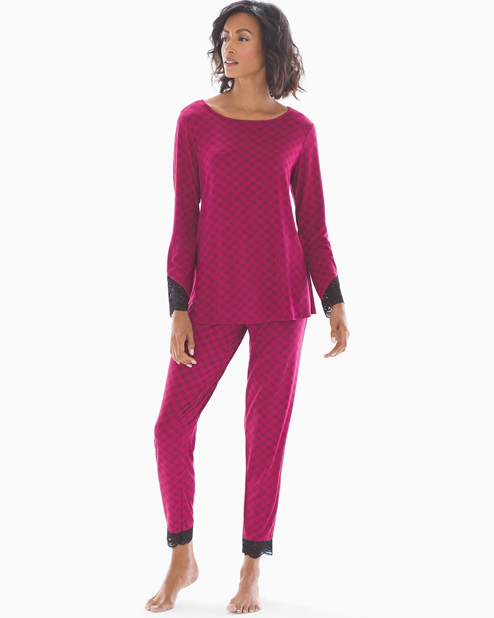 Cool Nights Lace Trim Long Sleeve Pajama Set Weekend Plaid Cranberry - Soma