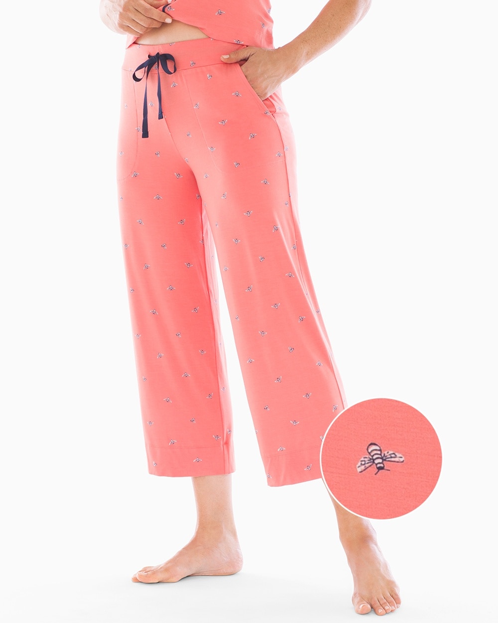 Cool Nights Grosgrain Trim Crop Pajama Pants Bees Please Coral Rose