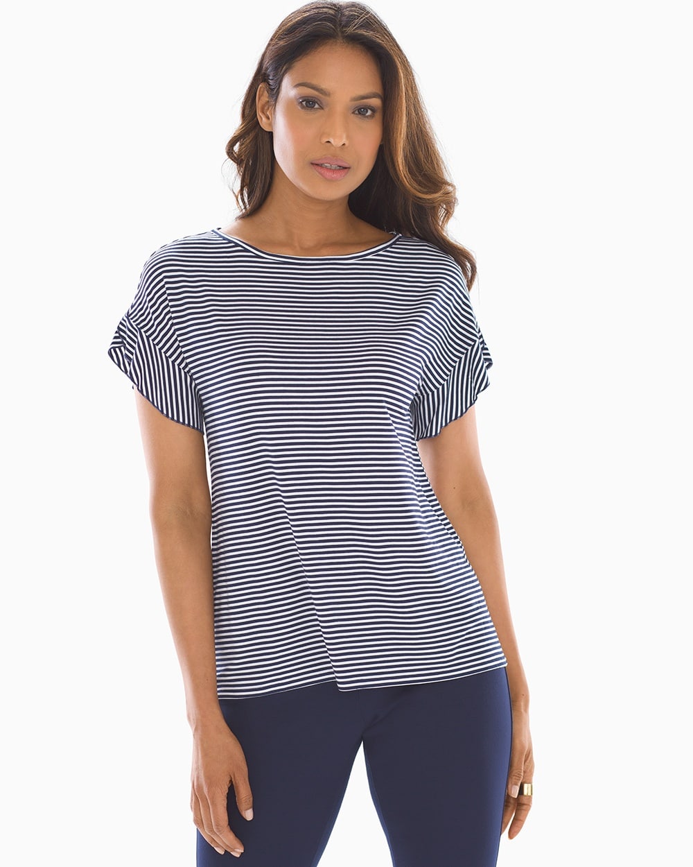 Soft Jersey Flutter Sleeve Top Navy/White Stripe