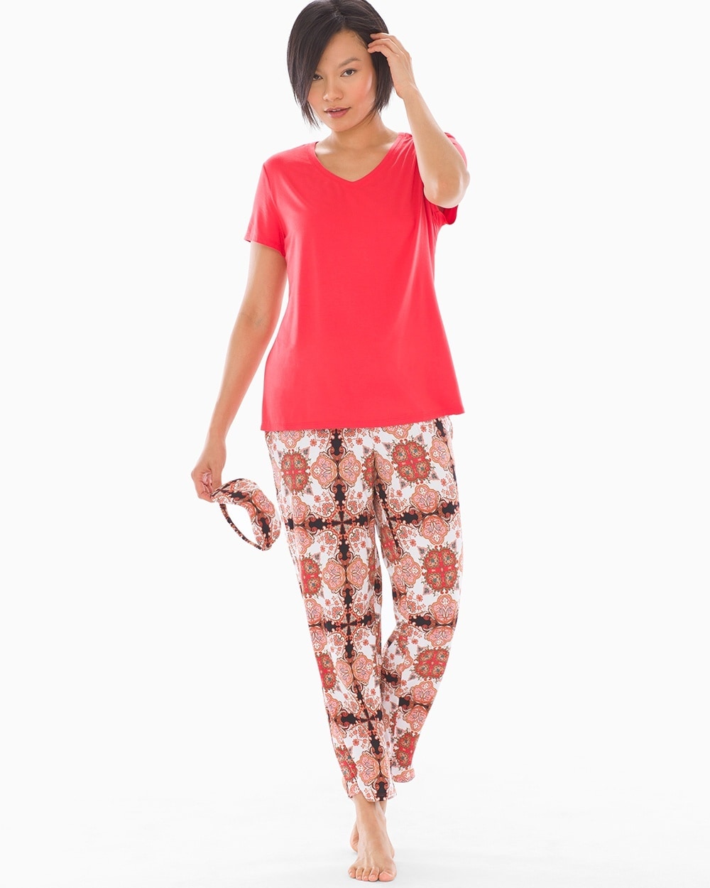 Cool Nights V-Neck Short Sleeve Ankle Length Pajama Set with Eyemask\u00A0Medallion Boho W Papaya