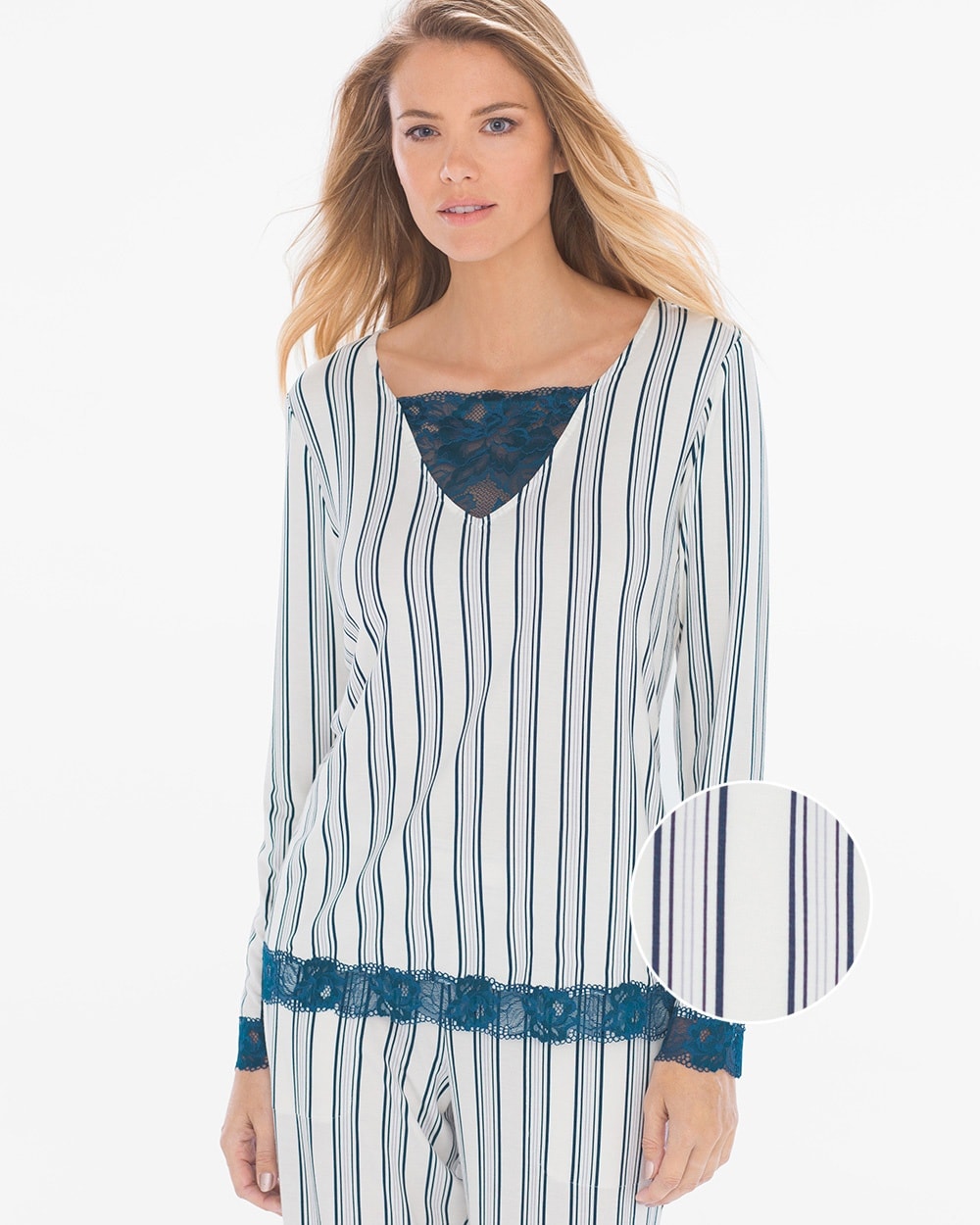 Cool Nights Signature Lace Long Sleeve Pajama Top Noble Stripe Starry Night