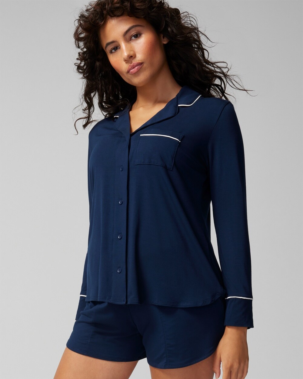 Cool Nights Long-Sleeve Notch Collar Pajama Top - CROSS MY HEART IVORY - WA