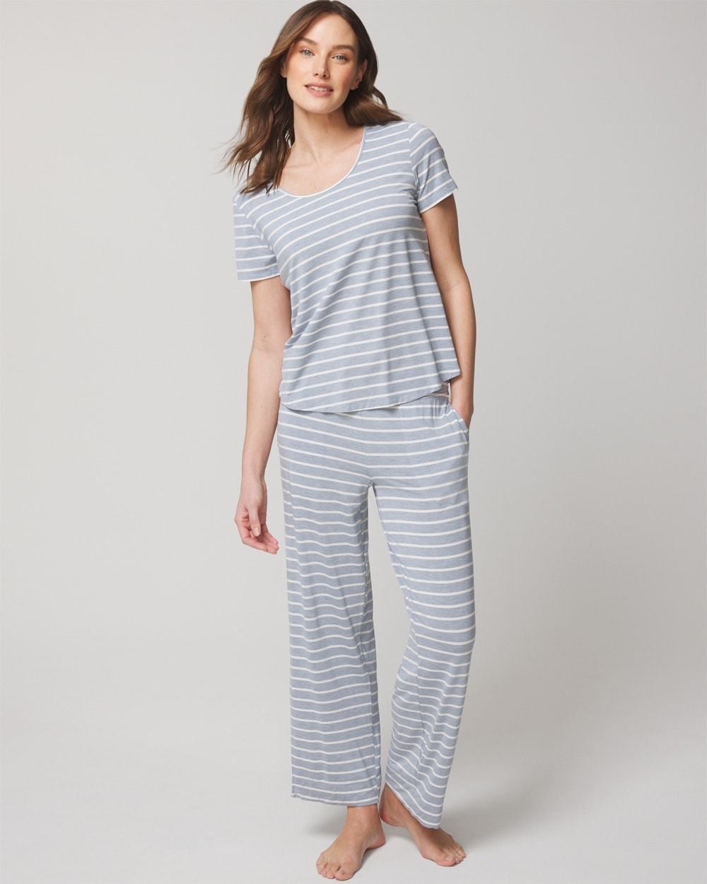 Soma Women's Cool Nights Short Sleeve Sleep Top + Pajama Pants Set In Grey Stripe Size Medium |  In Fundamental M Hthr Marina
