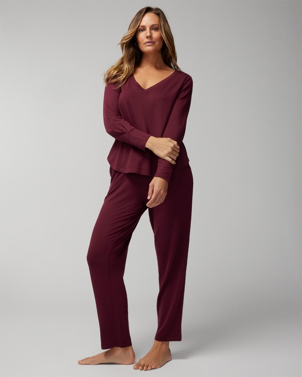 Soma Women's  Long Sleeve V-neck Loungewear Set In Big Cab Size 2xl |  In Red