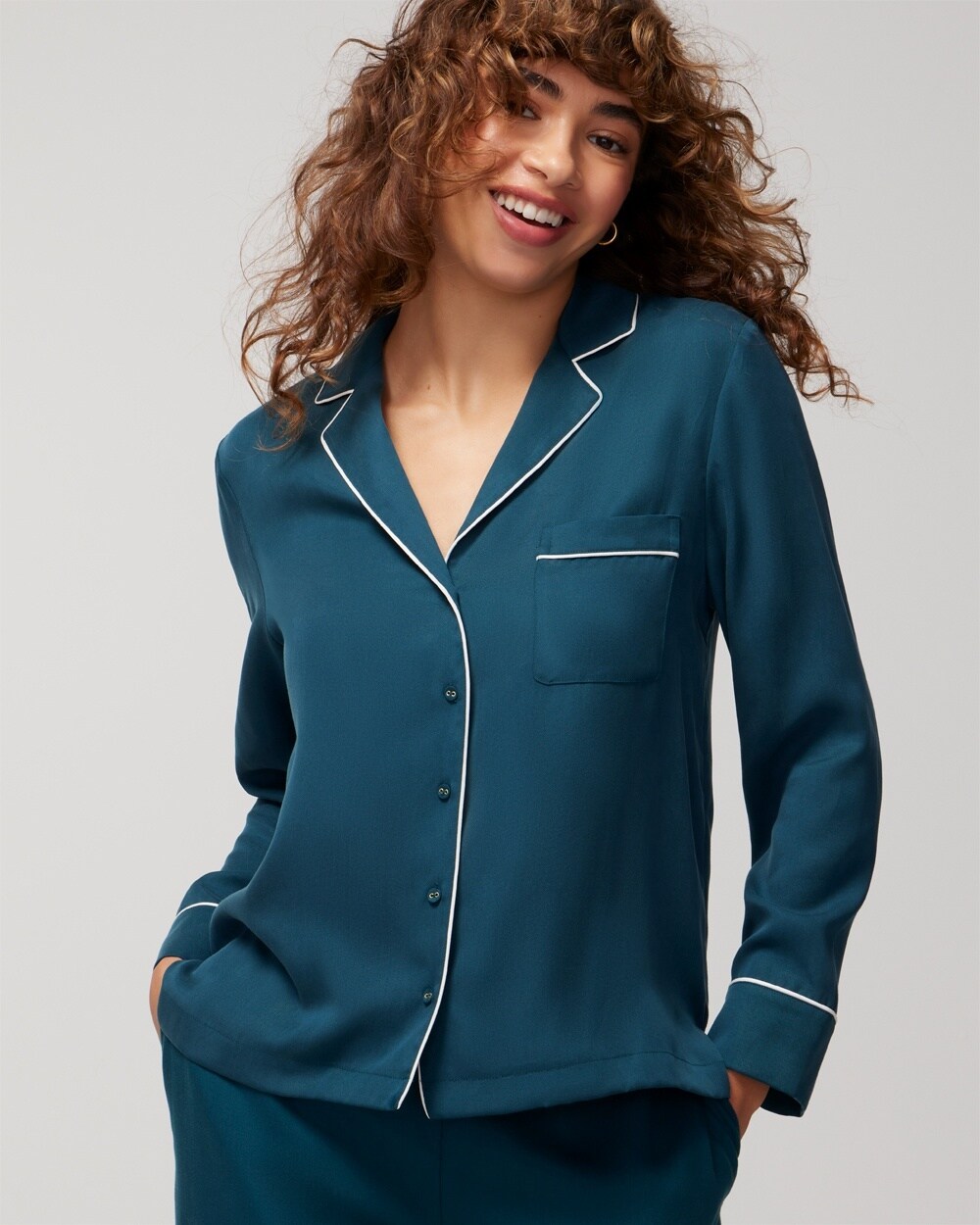 Woven Long-Sleeve Notch Collar Top - WA