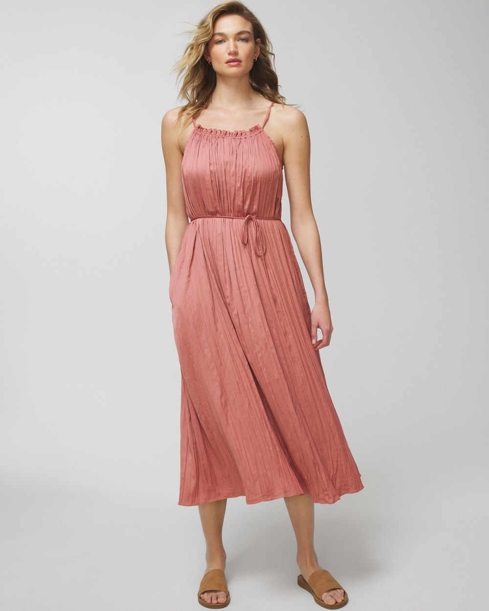Soma Women's Satin Pleated Midi Sundress With Built-in Bra In Pink Size Medium |