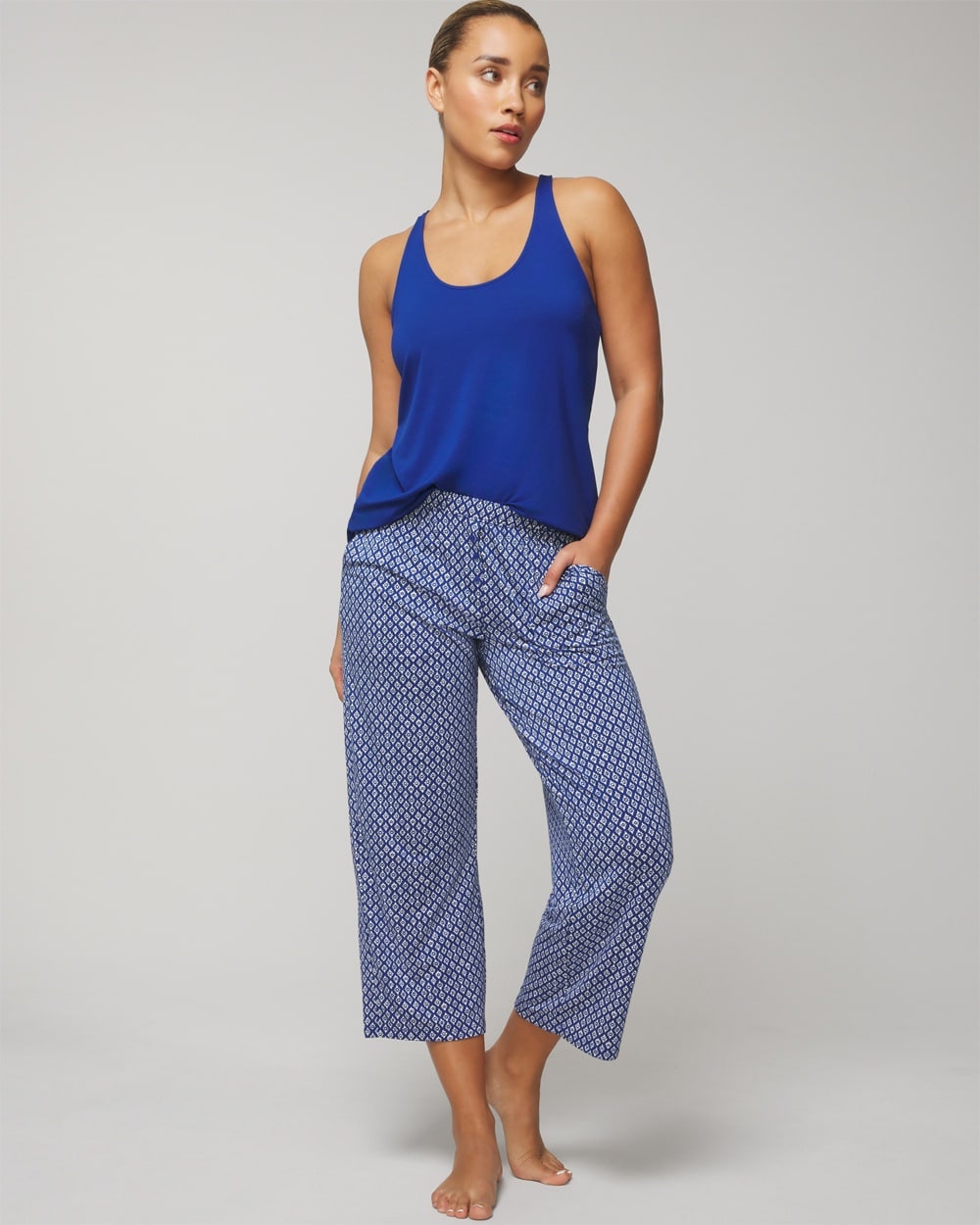 Soma Women's Cool Nights Sleep Tank Top + Crop Pajama Pants Set In Blue Size Large |  In Fresco Dot Majesty Blue