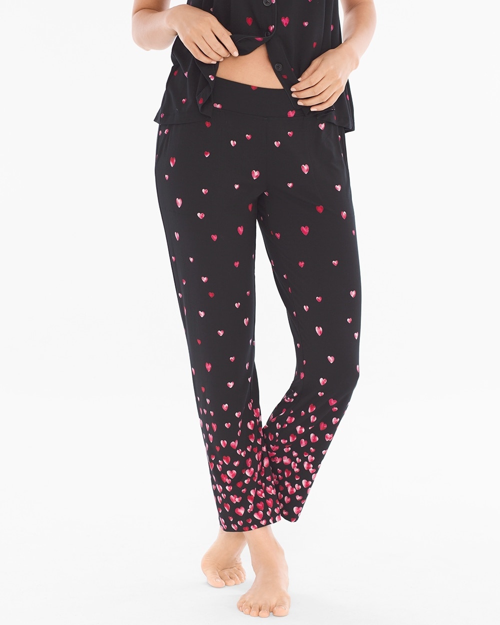 Cool Nights Ankle Pajama Pants Floating Hearts Border Black