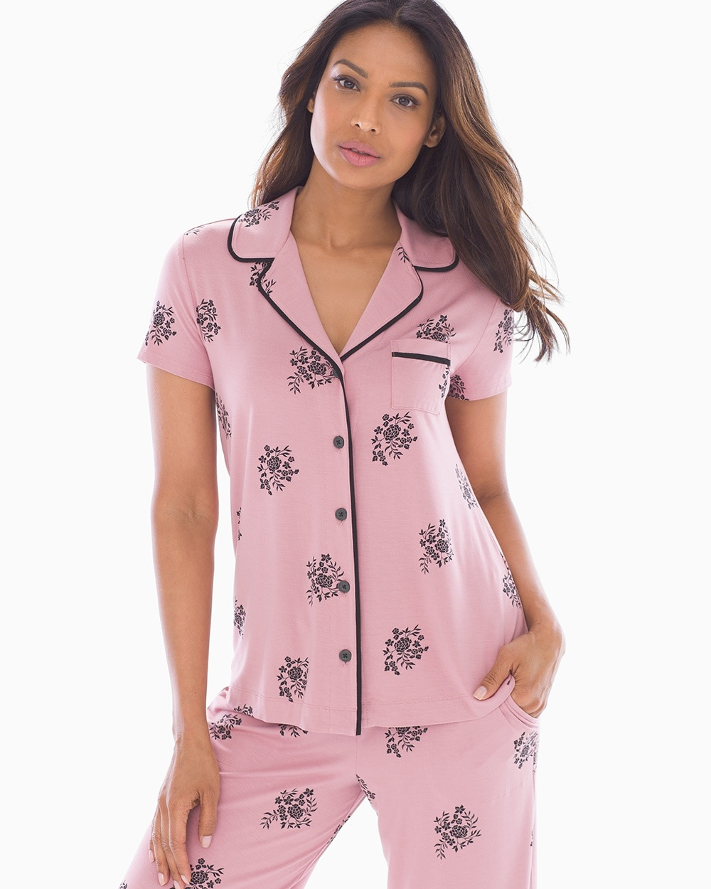 Cool Nights Short Sleeve Grosgrain Trim Notch Collar Pajama Top Peaceful Floral Pink