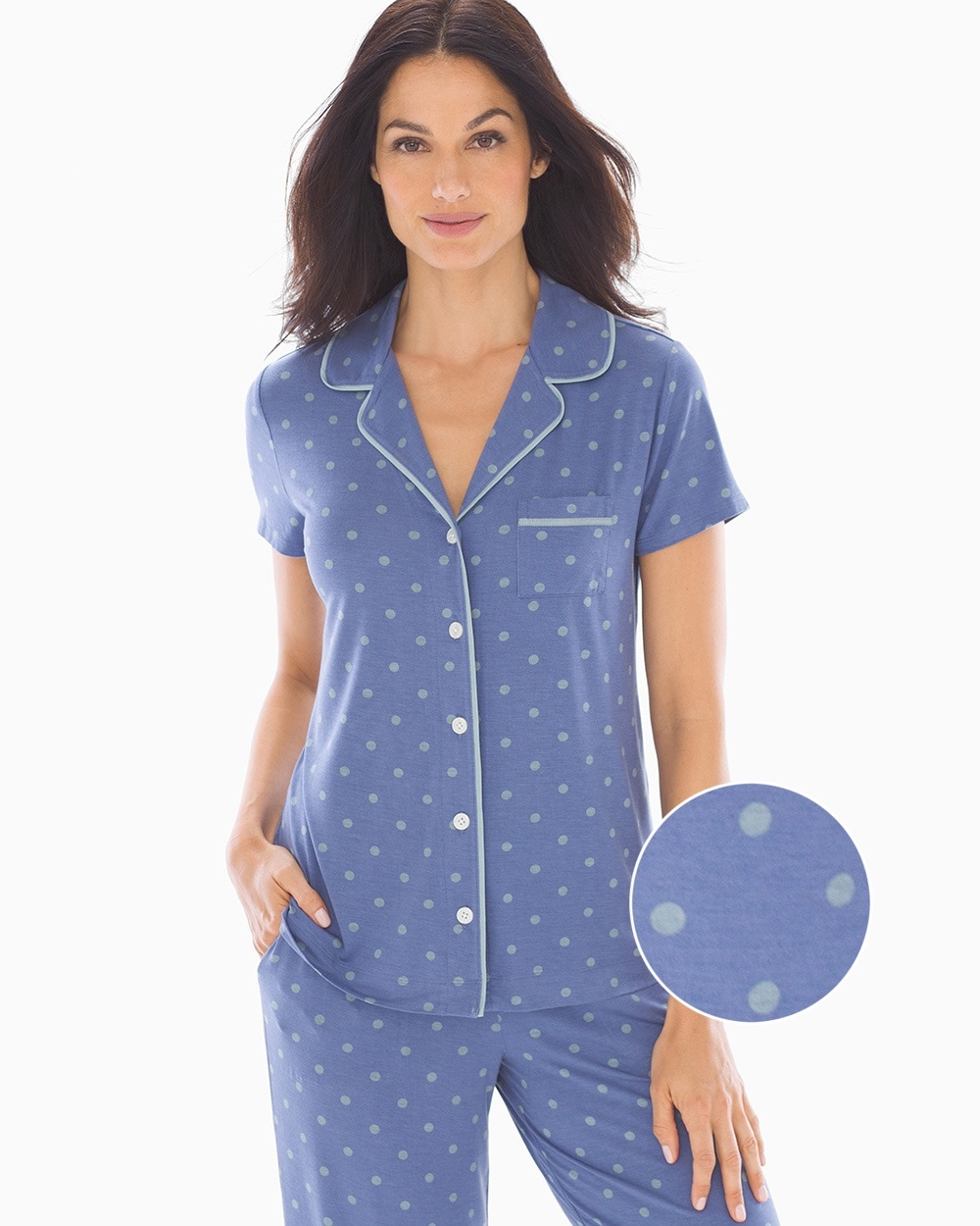 Cool Nights Short Sleeve Grosgrain Trim Notch Collar Pajama Top Winsome Dot Grecian