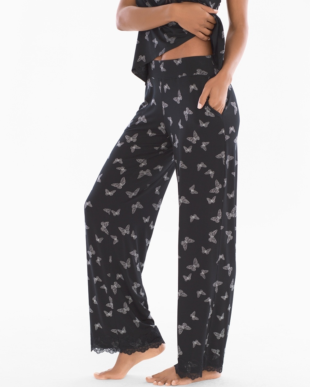 Cool Nights Lace Trim Pajama Pants Fancy Free Allover Black