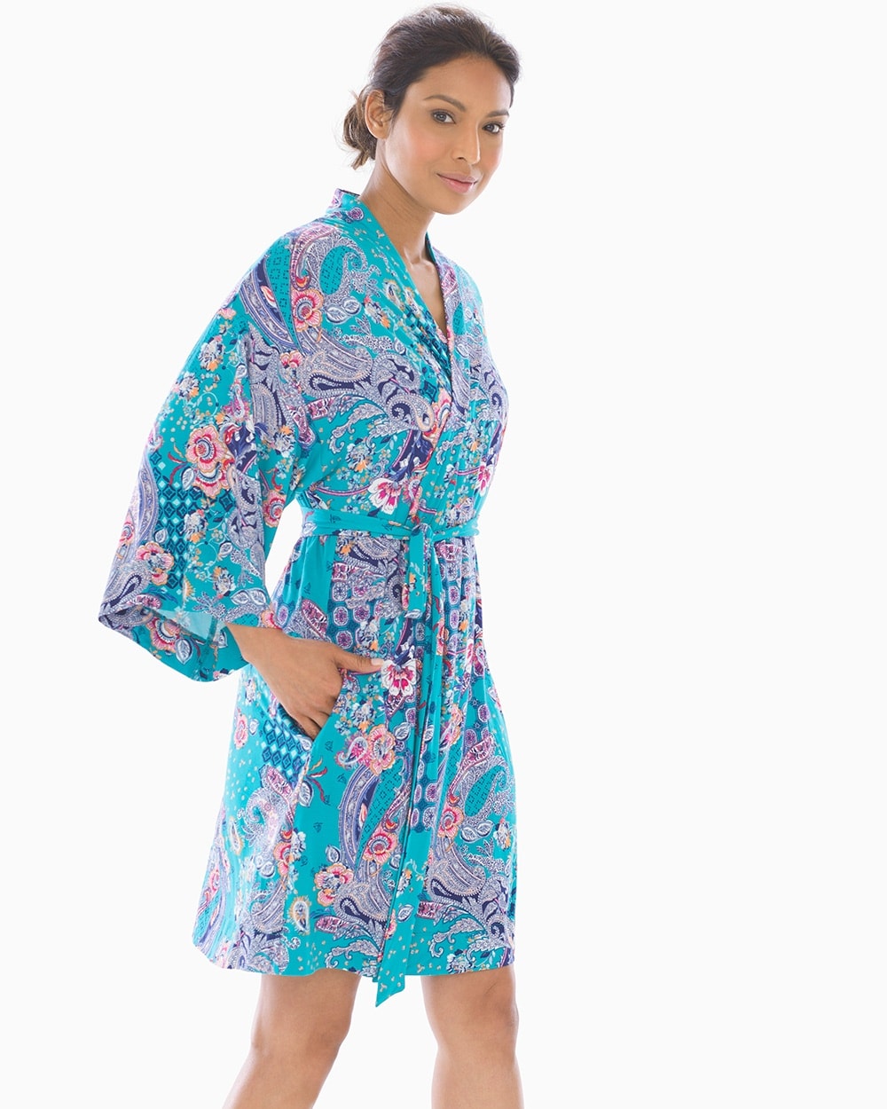 Cool Nights Kimono Sleeve Short Robe Paisley Melange