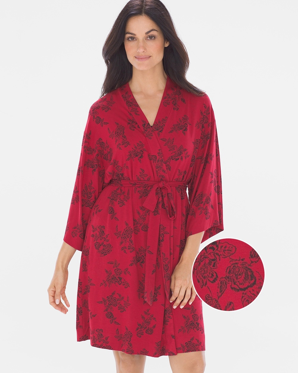 Cool Nights Kimono Sleeve Short Robe Lace Floral Red