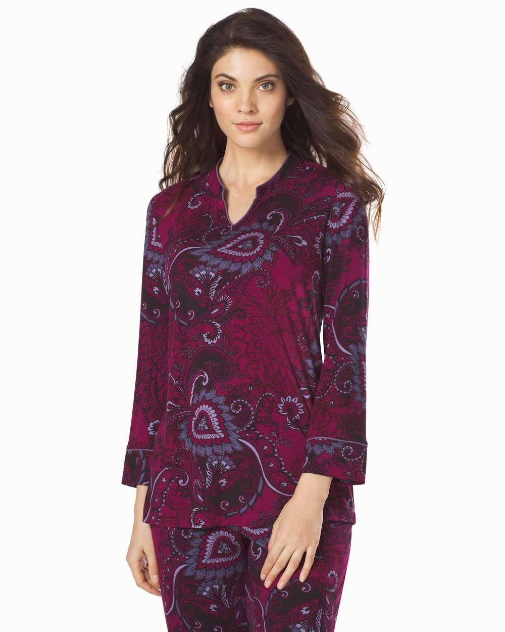 Embraceable Cool Nights Long Sleeve Mandarin Popover Pajama Top Divine Currant Red