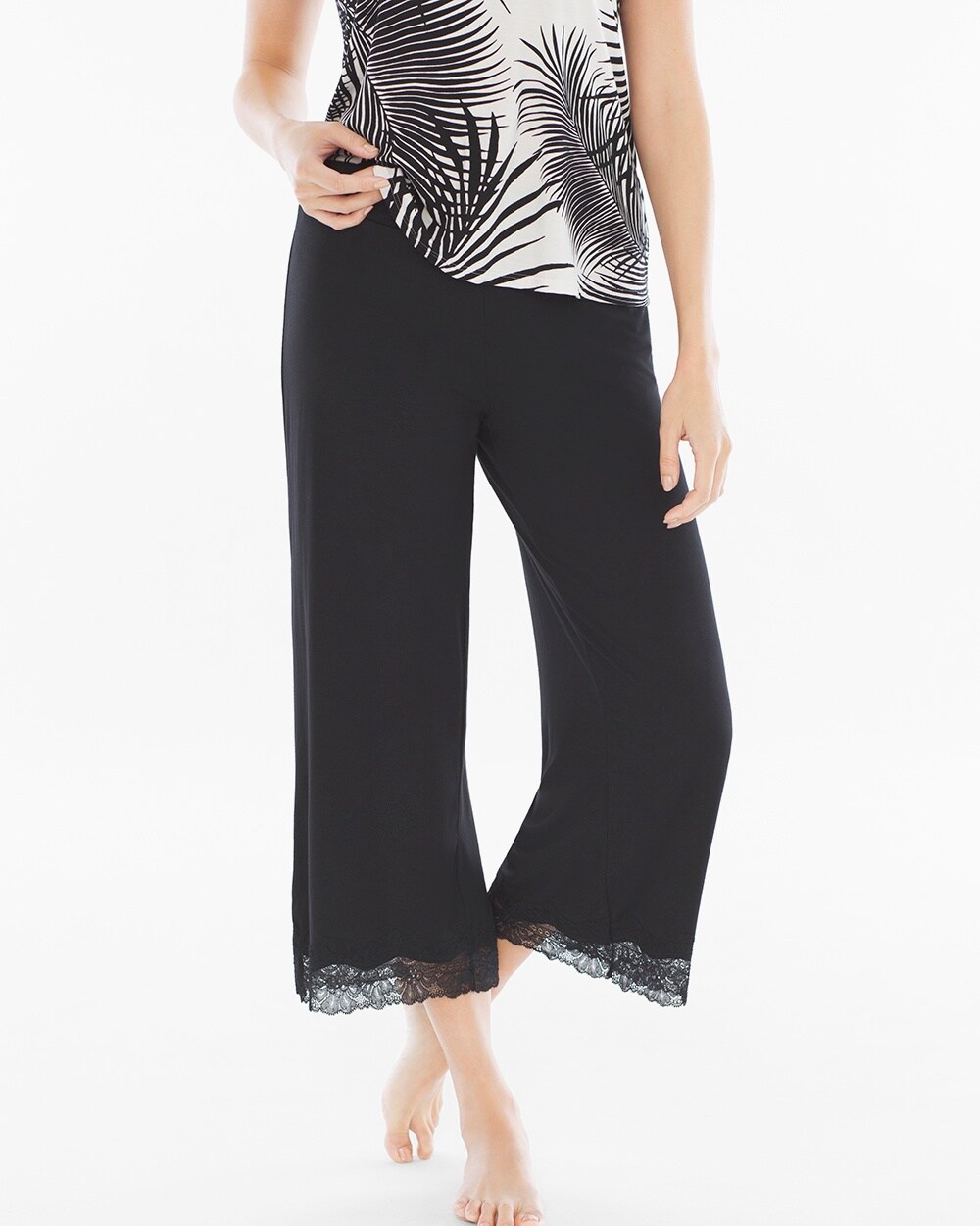 Cool Nights Lace Wide-Leg Crop Pajama Pants Black