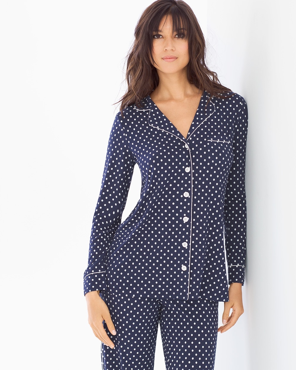 Cool Nights Long Sleeve Notch Collar Pajama Top Delightful Dot Navy