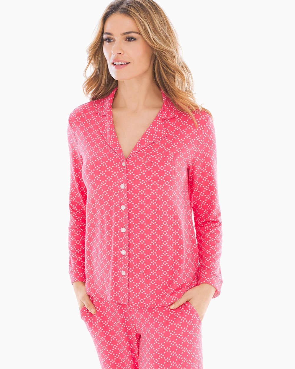 Cool Nights Long Sleeve Notch Collar Pajama Top Trellis Dot Rouge