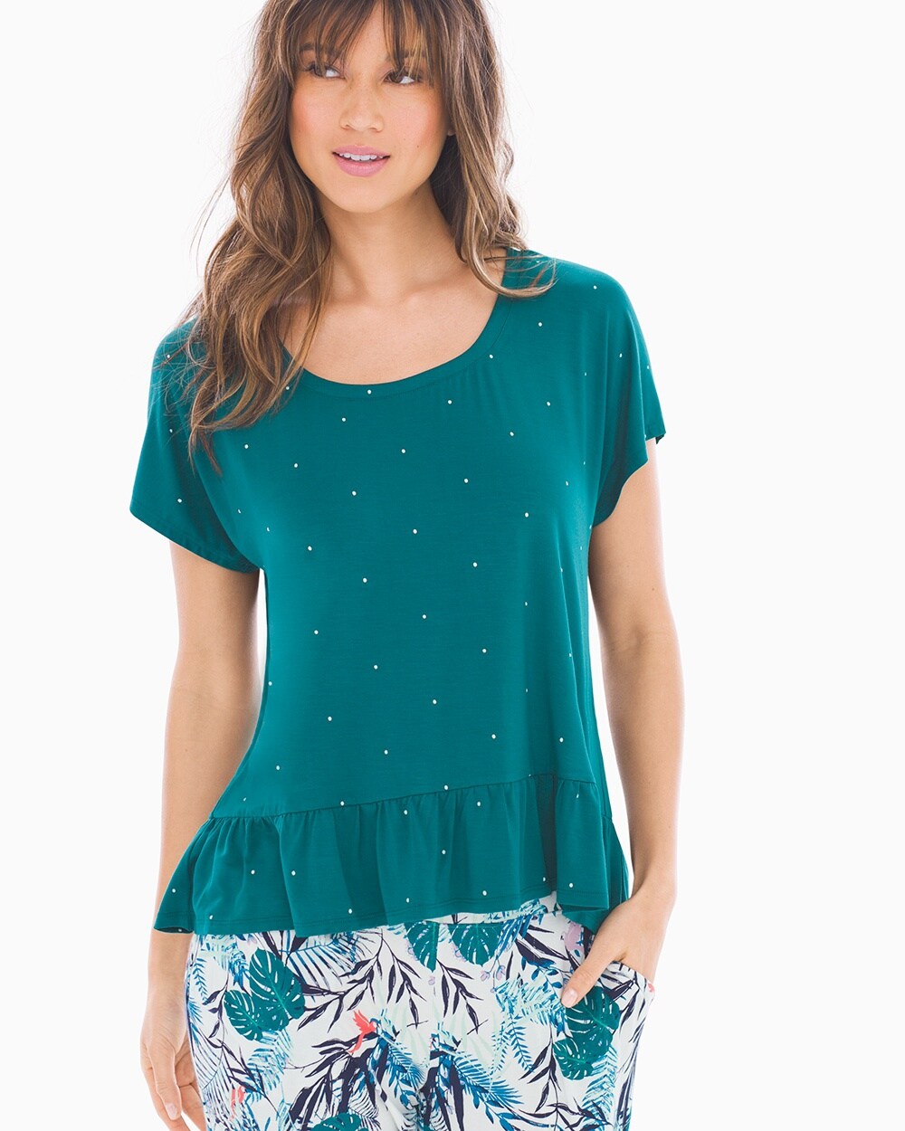 Cool Nights Ruffle Short Sleeve Pajama Tee Chic Dot Gem Green