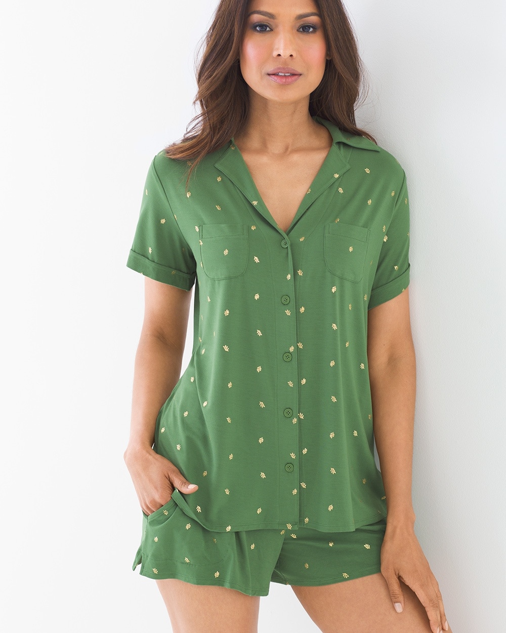 Cool Nights Short Sleeve Notch Collar Pajama Top Drifting Leaf Artichoke