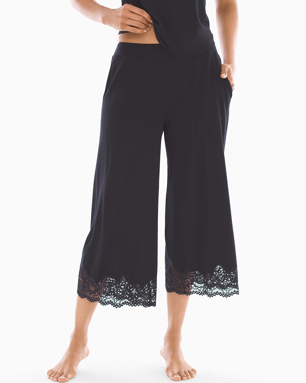 Cool Nights Lace Trim Crop Pajama Pants Black