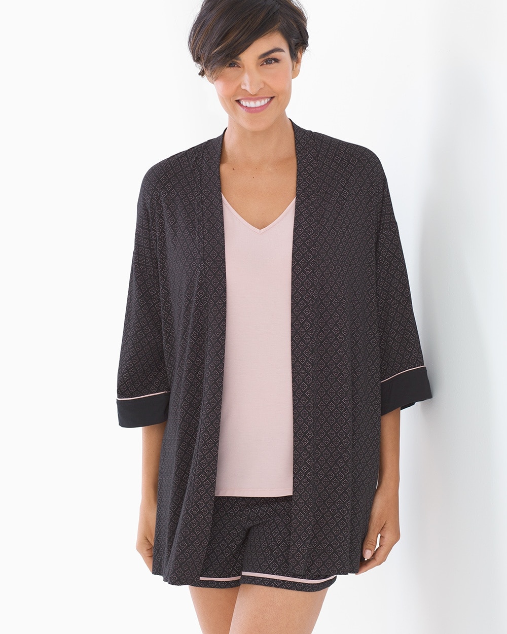 Cool Nights Open Front Pajama Wrap Kimono Geo Black