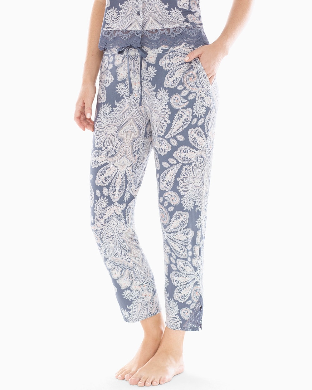 Cool Nights Lace Trim Ankle Pajama Pants Stylish Paisley Mystery Blue