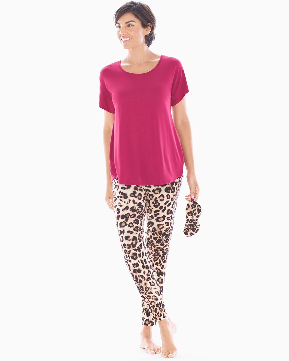 Cool Nights Short Sleeve Banded Ankle Pajama Set With Eye Mask Lovely Leopard with Cranberry
