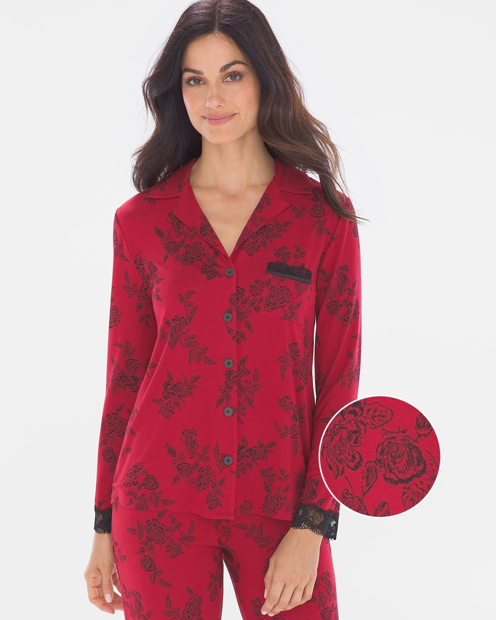 Cool Nights Signature Lace Long Sleeve Notch Collar Pajama Top Lace Floral Red