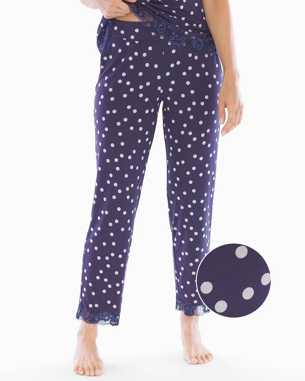 Cool Nights Signature Lace Ankle Pajama Pants Festive Dot Navy