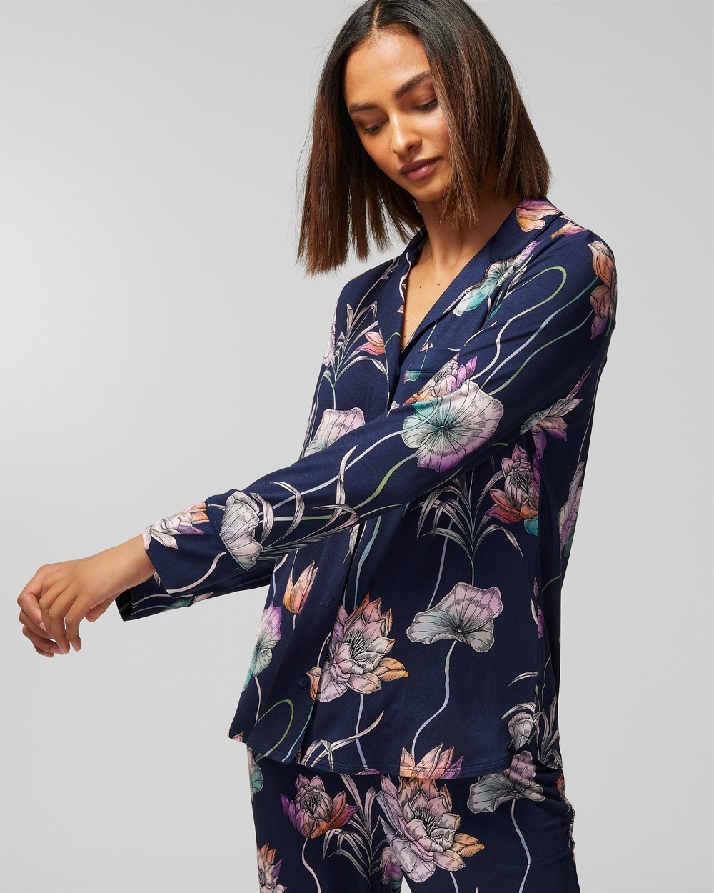 Cool Nights Long-Sleeve Notch Collar Pajama Top - CROSS MY HEART G NAVY - WA