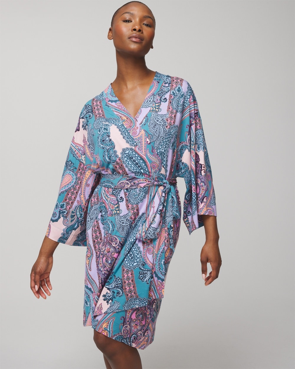 Soma Women's Cool Nights Short Robe In Black Size Large/xl |  In Ornamental Paisley Blue