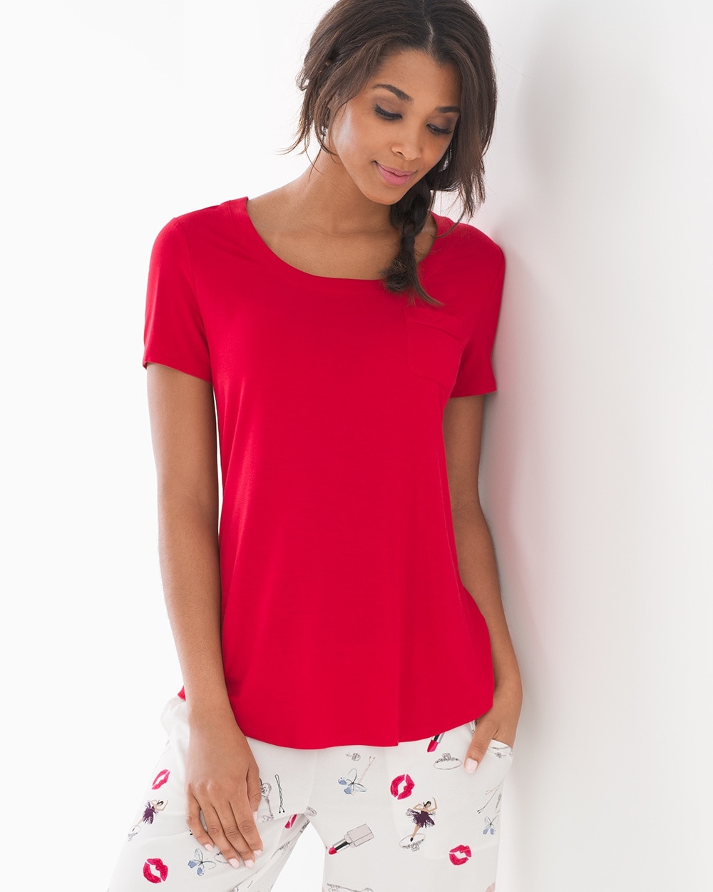 Cool Nights Short Sleeve Pajama Tee with Pocket Festive Red