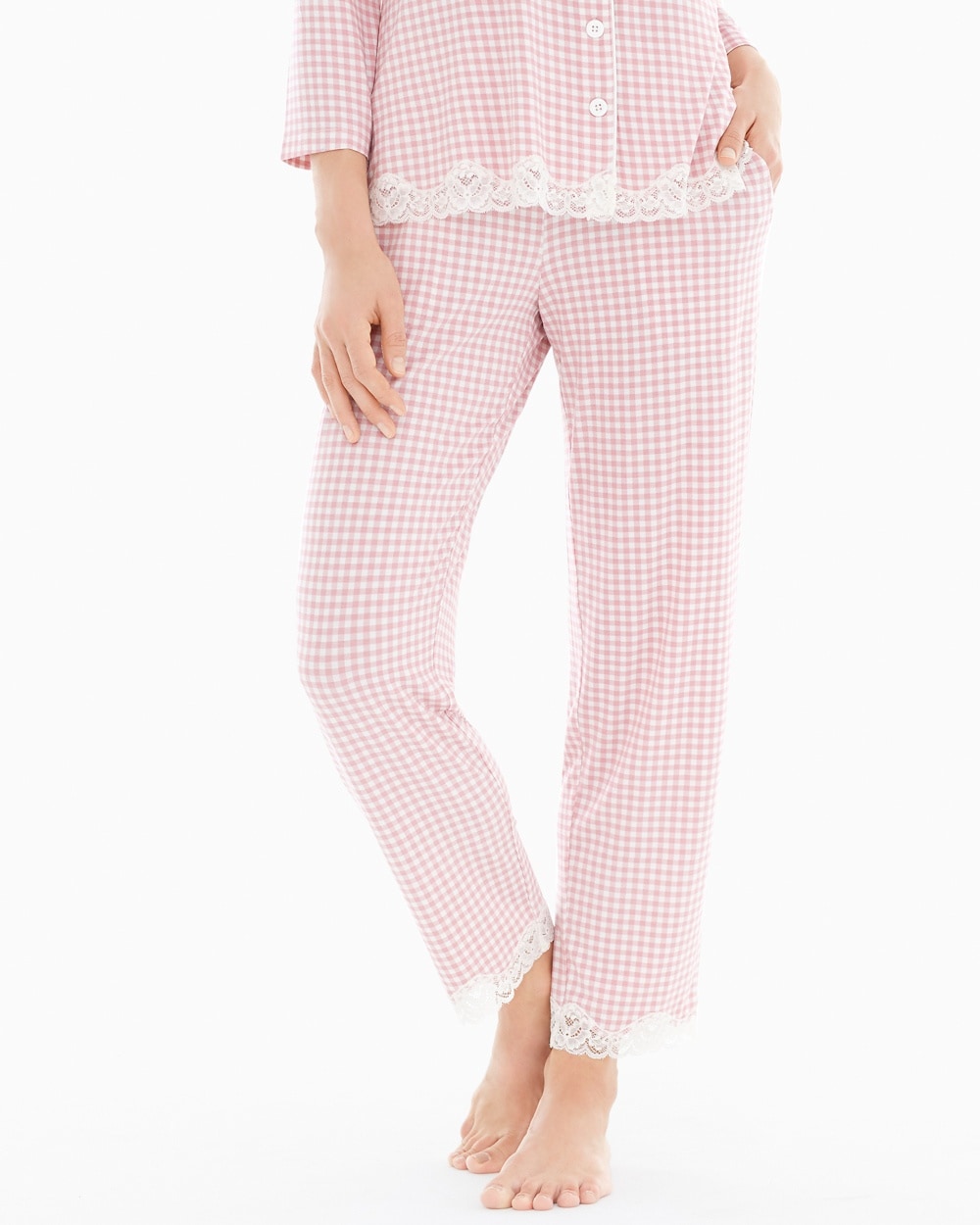 Embraceable Cool Nights Lace Trim Ankle Pajama Pants Gingham Blush Pink