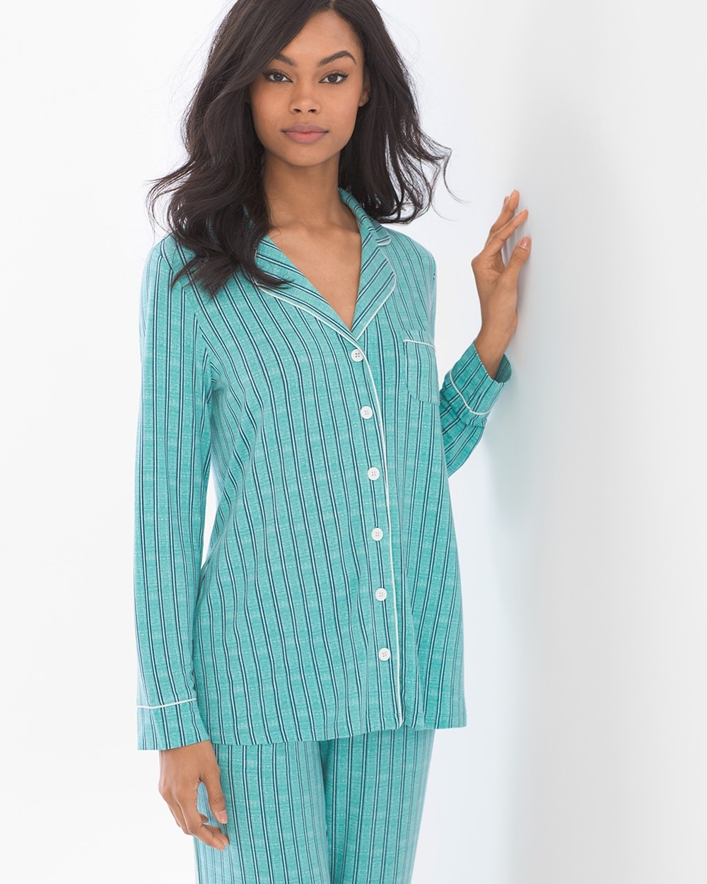 Cool Nights Long Sleeve Notch Collar Pajama Top Heritage St Teal Treasure