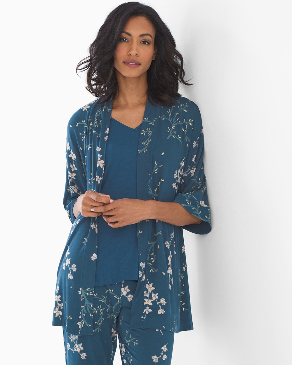 Cool Nights Open Front Pajama Wrap Alluring Floral Blue