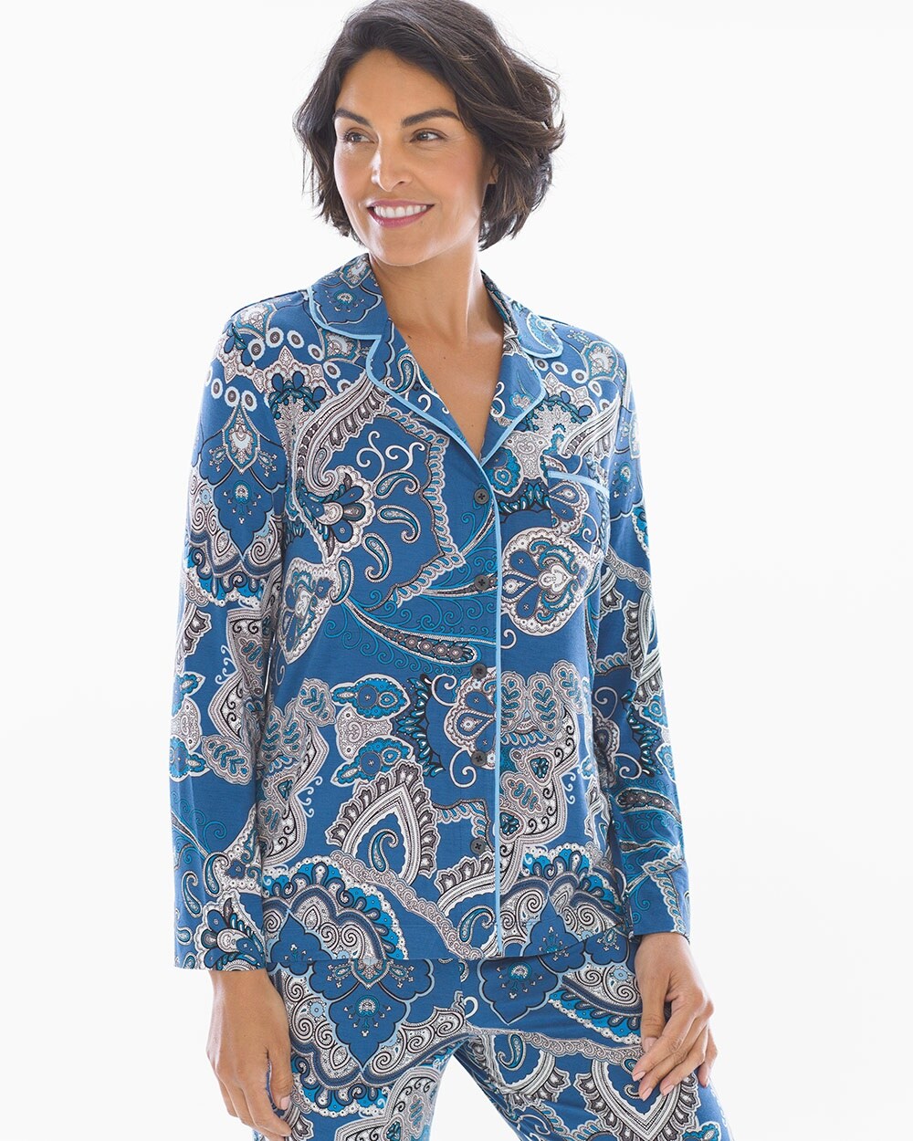 Cool Nights Long Sleeve Grosgrain Trim Notch Collar Pajama Top Meandering Paisley