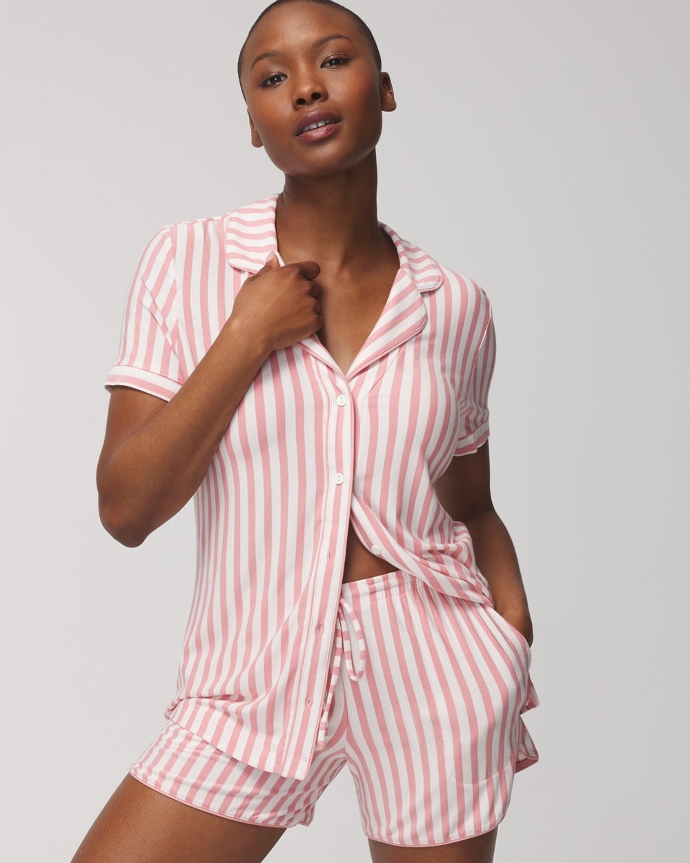 Soma Women's Cool Nights Printed Pajama Shorts In Capri Stripe Blush Pink Size Small |
