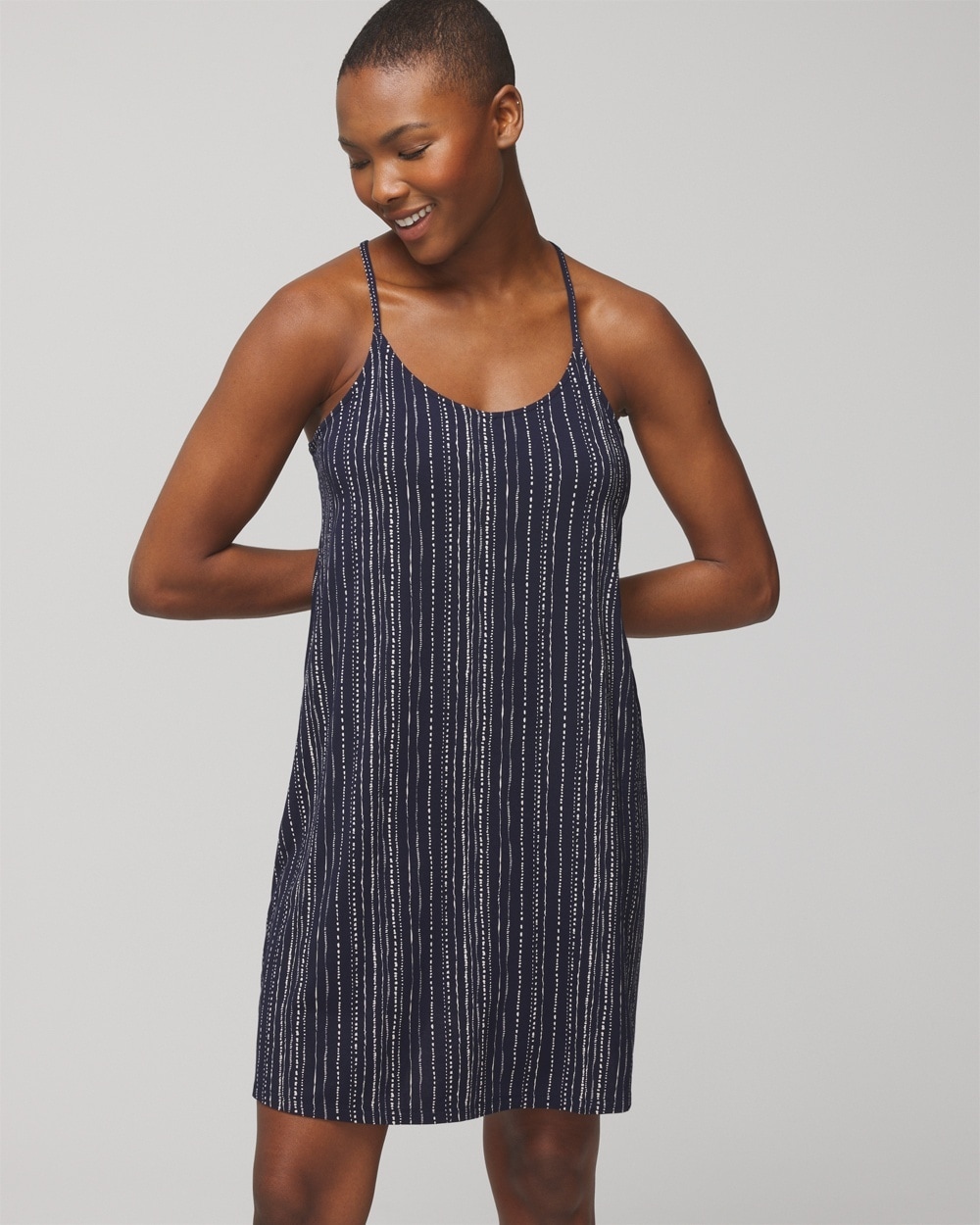 Soma Women's Cool Nights Strappy Night Gown In Navy Blue Size Xs |  In Meandering Stripe V Navy